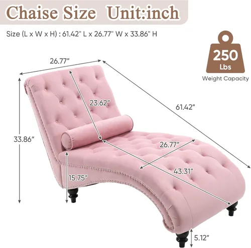 Vista 3 de Tumbona para interiores, moderna silla decorativa de terciopelo con botones copetudos con patas de madera maciza y almohada lumbar, sofá reclinable