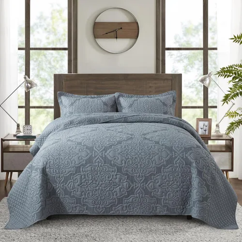 Vista 28 de NEWLAKE - Juego de cubrecama reversible de microfibra bordada con patrón floral en relieve en jacquard beige, tamaño queen