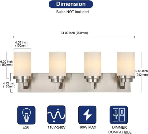 Vista 4 de TODOLUZ Lámpara de tocador de baño sobre espejo con níquel cepillado, modernos apliques de pared de 4 luces para dormitorio, sala de estar