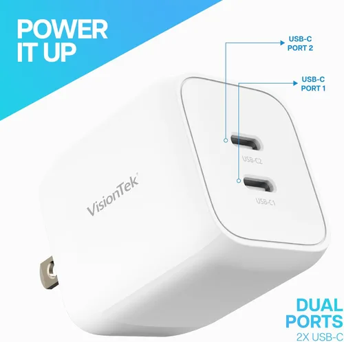 Vista 6 de VisionTek GaN II - Cargador rápido de pared de 45 W, puertos USBC duales, 2 veces USB-C, compatible con MacBook Air, iPad, iPhone, Galaxy, Steam