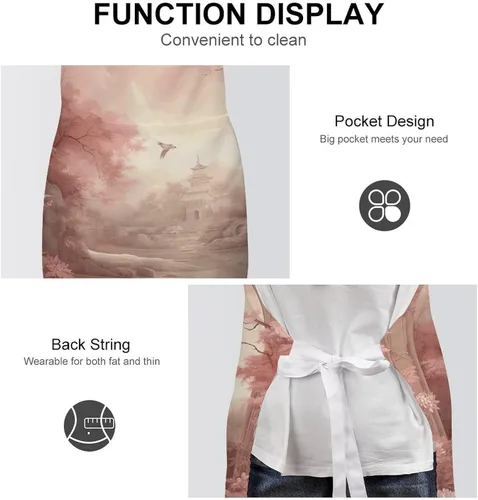 Vista 6 de MUSM Apron for Adults - 27.6 X 31.5 Inch, Heavy-Duty Polyester Aprons with Two Large Pockets, Waterproof Retro Peach Flowers Kitchen Apron for