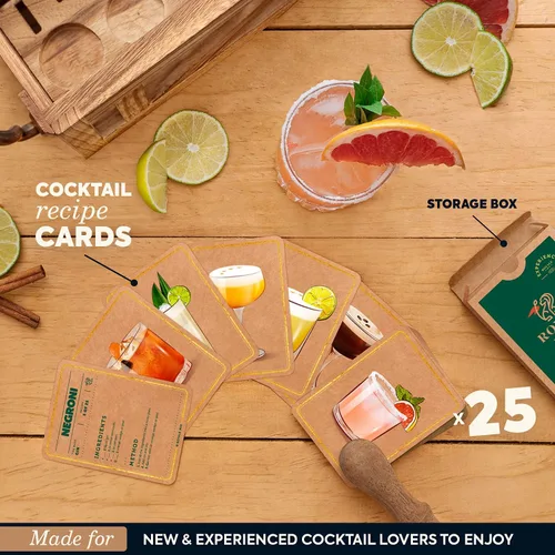 Vista 5 de Mixology - Kit de barman con soporte, juego de barra con 25 tarjetas de kit de cóctel, kit de bar con herramientas de bar, juego de coctelera