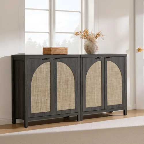 Vista 8 de SICOTAS - Aparador de buffet con almacenamiento de ratán, gabinete de credenza moderno con puertas de arco y estantes ajustables, gabinetes