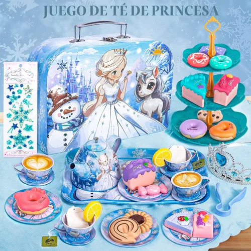 Vista 2 de Hohosunlar Juego de fiesta de té para niñas pequeñas, juego de té de lata de princesa para niños con tetera, tazas de té, postre de comida