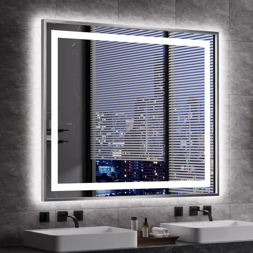Vista 22 de Amorho Espejo de baño LED de 20 x 28 pulgadas con marco negro, luz frontal y retroiluminación, regulable continuamente, antivaho, a prueba