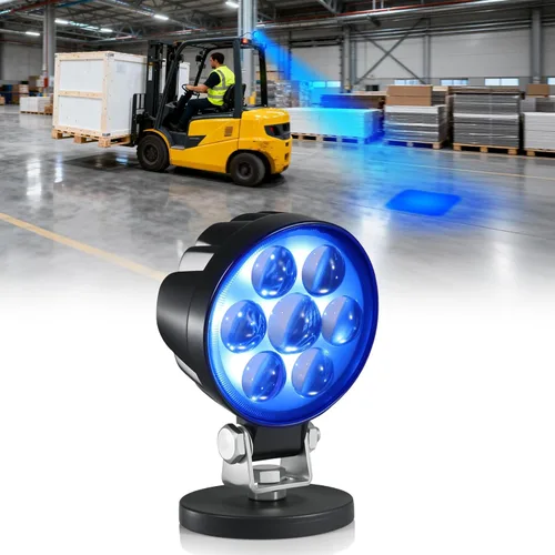Luz de seguridad LED para montacargas azul con foco y montaje magnético, voltaje amplio DC10–80V, IP68 impermeable, carcasa de aluminio, advertencia
