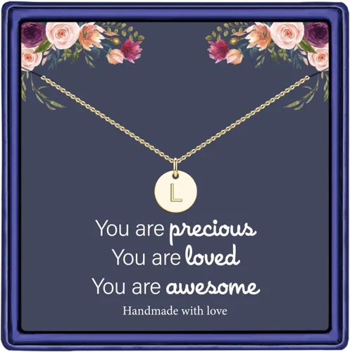 Hidepoo - Collar con iniciales en forma de disco en oro rosa de 14 quilates y plata ley S925 para niñas, mujeres, adolescentes y niñas