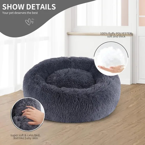 Vista 2 de ZEJEUER Cama para gatos, cama para perros pequeños, redonda en forma de dona, lavable, de felpa y pelo sintético, camas acolchadas suaves