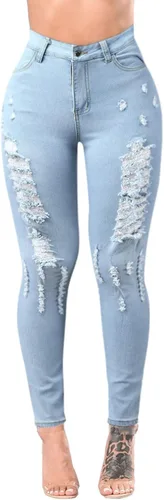 Vista 4 de Curvy High Waisted Trendy Jeans for Women Ripped Destroyed Sexy Slimming Straight Leg Butt Lifting Denim Pants