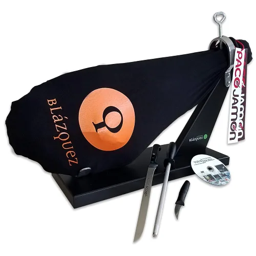 Jamón Ibérico Kit Profesional, 16-17 Libras, 2 Años de Curación, 50% Raza Ibérica, 40-50 Porciones + Jamonero Profesional + Juego de Cuchillos ARCOS