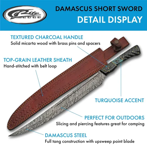 Vista 2 de SZCO Supplies DM-5025 - Espada corta de acero Damasco con mango de resina de madera y turquesa, con funda de cuero, negro/turquesa/marrón, 22