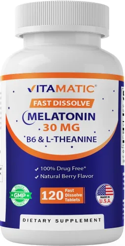 Vitamatic Melatonina 30 mg - con B6 y L-teanina - 120 tabletas de disolución rápida con sabor a bayas naturales (2 tabletas dosis = melatonina 60