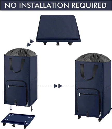 Vista 6 de Bukere Cesta de lavandería grande con ruedas, 4 ruedas y 2 asas, bolsa de lavandería con ruedas plegable independiente para ropa, apartamento