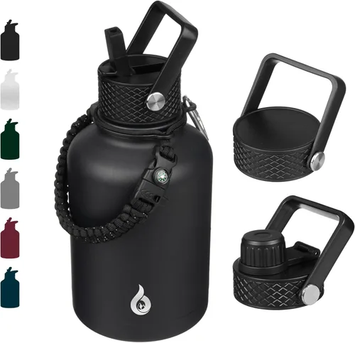 Vista 114 de BJPKPK - Botellas de agua aisladas con tapa de popote, botella de agua de acero inoxidable de 27 onzas con 3 tapas, termo de metal libre de BPA a