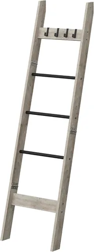 Vista 33 de Escalera para manta para sala de estar, estante decorativo para edredón con 4 ganchos extraíbles, 5 niveles de soporte de escalera de granja Blanco
