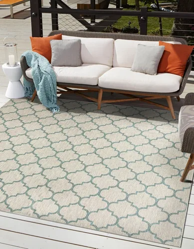 Vista 55 de Unique Loom Outdoor Trellis Collection Alfombra de Área (5' 1" x 8' Oval, Aguamarina/Gris)