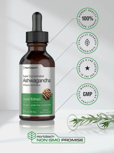 Vista 5 de Horbäach Ashwagandha Liquid Drops 2 Fl Oz Tincture Root Extract Alcohol Free Supplement for Women and Men Withania Somnifera Vegetarian