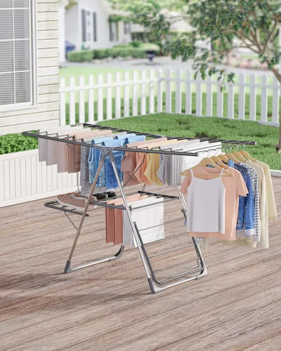 Vista 9 de Escurridor de ropa, plegable de 2 niveles con alas ajustables en altura, para ropa y ropa de cama, estante independiente que ahorra espacio, Gris