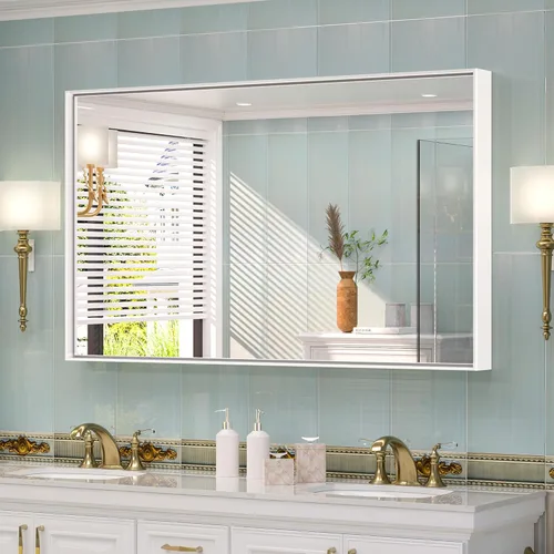 Vista 9 de TETOTE Espejo de baño con marco negro de 48 x 24 pulgadas, espejo rectangular grande de baño negro mate para pared, marco de metal, espejo