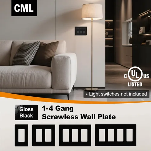 Vista 7 de CML - Placa de pared decorativa negra sin tornillos de 3 segmentos, paquete de 2 cubiertas de receptáculo de salida y placa de interruptor, cara