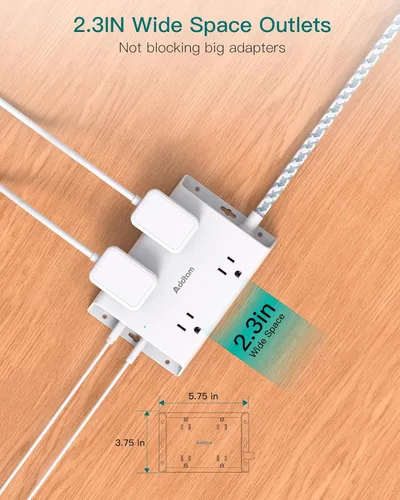 Vista 3 de Regleta de alimentación con protector de sobretensiones, Addtam cable de extensión de 5 pies con enchufe plano y 4 USB Cargador de pared