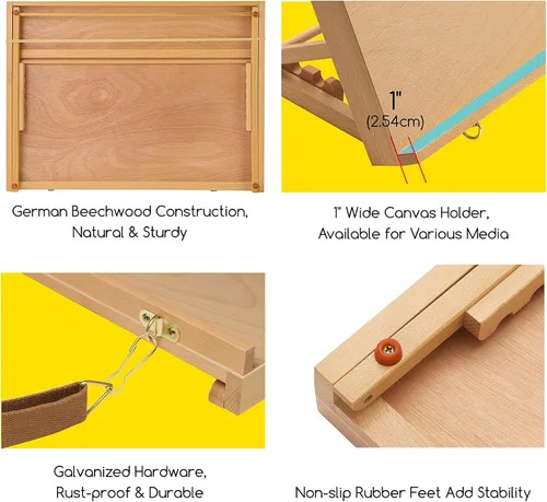 Vista 4 de MEEDEN Caballete de mesa A2 de madera para pintar, tablero ajustable de dibujo y boceto de 5 posiciones con correa para el hombro, caballete