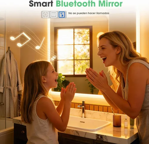 Vista 3 de S'bagno Espejo de baño LED de 32 x 24 pulgadas con luces, altavoz Bluetooth, antivaho e impermeable, espejo de pared regulable con control táctil, 3