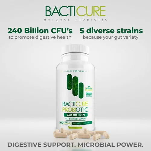 Vista 5 de Bacticure Probiotic 60 cápsulas Probióticos altos en UFC para mujeres y hombres Apoyo digestivo con prebióticos y enzimas digestivas