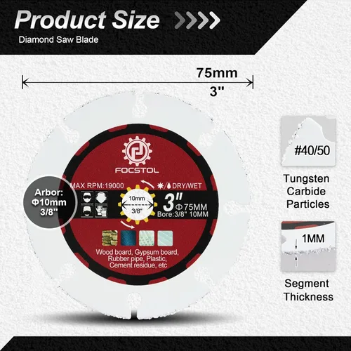 Vista 2 de FOCSTOL Disco de Corte de Madera en Carburo - 3 piezas 3' (75mm) Hoja de Sierra Soldada al Vacío para Madera, Goma y Plástico para Amoladora