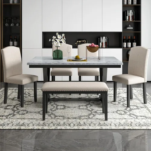 Vista 15 de Merax Juego de 6 piezas de comedor de 60 pulgadas para el hogar, cocina, comedor, juego de mesa rectangular con 4 sillas tapizadas y un banco, juego