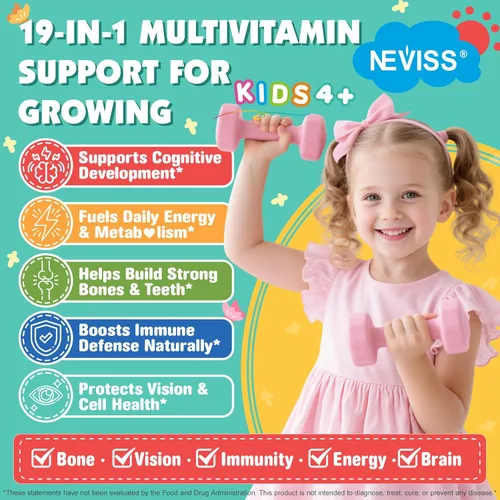 Vista 5 de NEVISS Gomitas de glicinato de magnesio + gomitas masticables suaves multivitamínicas para niños