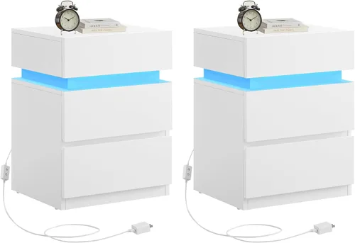 Vista 24 de VASAGLE Mesita de noche con luces LED, colores de luz ajustables, mesa de noche, mesa auxiliar con 3 cajones, estilo moderno, 13.8 x 15.7 x 21.7