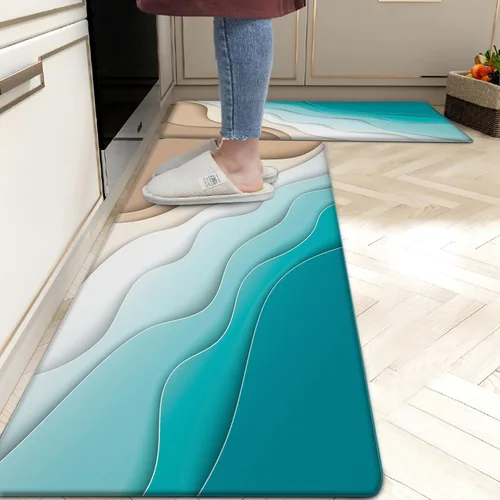 Vista 8 de Juego de 2 tapetes de cocina para el piso, antifatiga, de mármol, acolchados, de espuma viscoelástica, antideslizantes, de PVC, de cuero