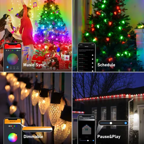Vista 8 de Luces de Navidad inteligentes C9 para exteriores, 134 pies, 150 LED, control por aplicación, 105 modos preestablecidos, sincronización con música