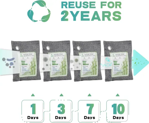 Vista 6 de Paquete de 4 absorbentes de olores de carbón activado. Nature Fresh Bolsa purificadora de aire de carbón de bambú para el hogar, armario