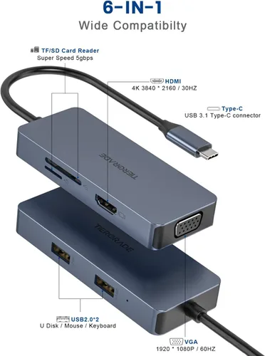 Vista 3 de Tiergrade Hub USB C, adaptador USB C a HDMI 6 en 1 con lectores de tarjetas HDMI 4K, VGA, SD/TF, 2 USB 2.0, adaptador multipuerto USB C compatible