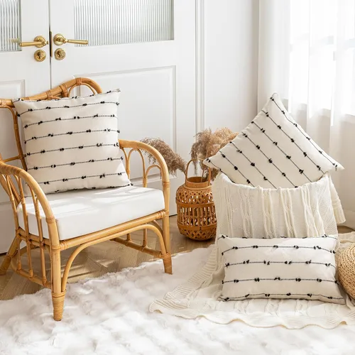 Vista 4 de YEENAASY Fundas de Cojines Decorativos Boho 16x16 Juego de 2 Modernas Estilo Granja Funda de Cojín Decorativa con Mechones Fundas de Almohadas