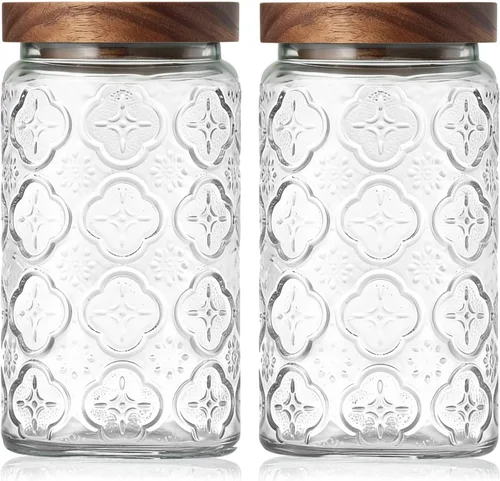Vista 10 de Tarro de vidrio vintage con tapa de madera, recipientes herméticos de Navidad para encimera de cocina, baño, almacenamiento de dulces, galletas