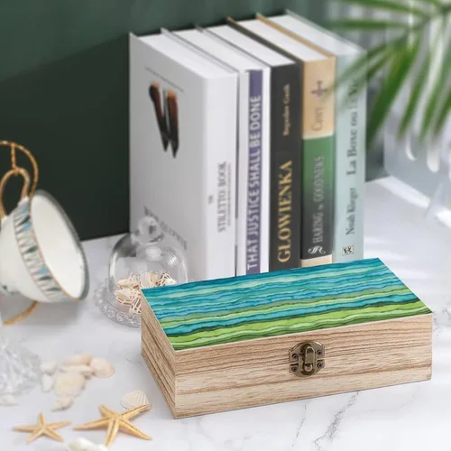 Vista 4 de Waves Desk Mat Blue And Green Wooden Storage Box Decorative Trinket Keepsake Box Wood Jewelry Organizer Box for Bedroom Office with Hinged Lid And