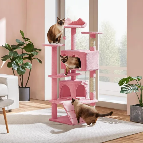 Vista 9 de Yaheetech Torre de árbol para gatos de 54 pulgadas, árbol de varios niveles para gatos de interior con postes rascadores, bolas colgantes, casa