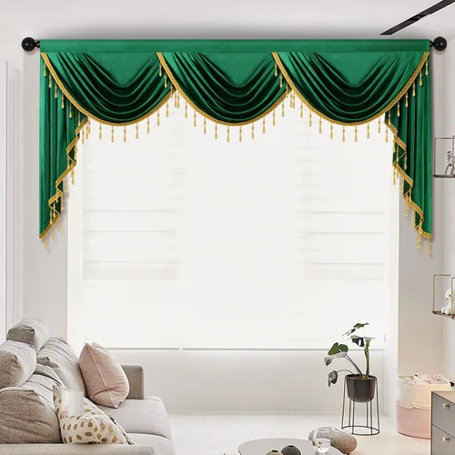 Vista 14 de Cenefas de cortina de terciopelo negro de lujo para sala de estar con cuentas (39 pulgadas, 1 panel)