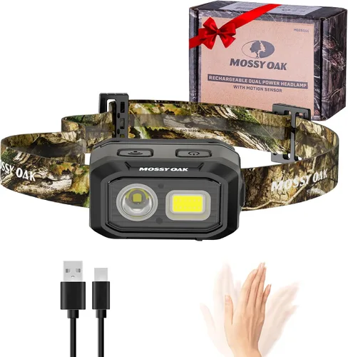 Vista 9 de Mossy Oak Linterna frontal LED de 600 lúmenes, fuente de alimentación dual, lámpara de cabeza con sensor de movimiento con base magnética