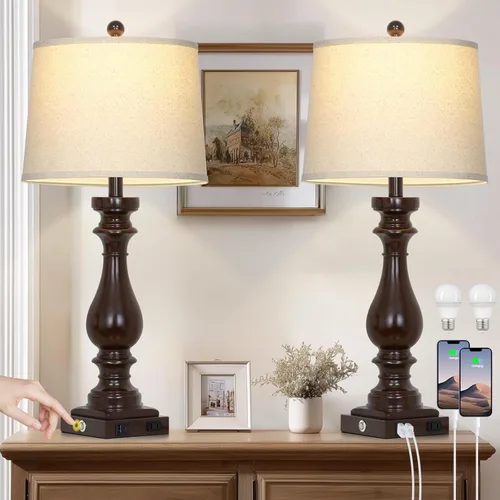 Vista 13 de Cinkeda Juego de 2 lámparas de mesa estilo granja de 29 pulgadas de alto para sala de estar, lámparas retro vintage con puertos USB C+A y salida