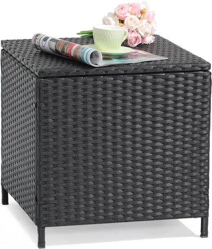 Verano Garden Mesa auxiliar de mimbre para exteriores, mesa auxiliar de mimbre de ratán de almacenamiento pequeño, mesa de centro cuadrada de resina