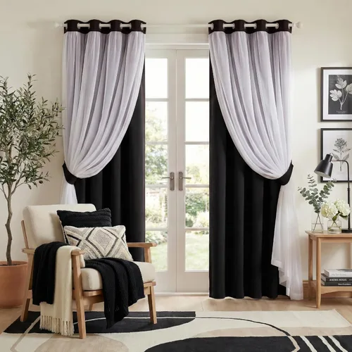 Vista 18 de PONY DANCE Cortinas Opacas con Superposición de Gasa, Cortinas de Doble Capa con Aislamiento Térmico Mix & Match para Oscurecer Habitaciones