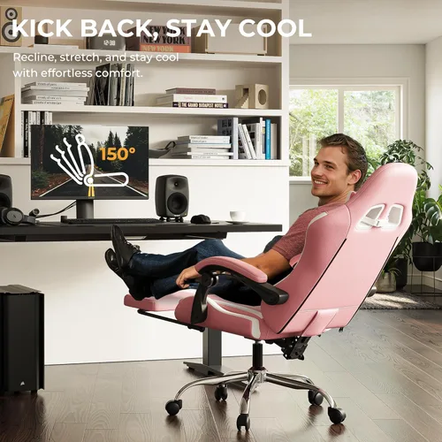 Vista 3 de Silla de juegos rosa con reposapiés y soporte lumbar de masaje, silla ergonómica reclinable para computadora de 330 libras con altura ajustable