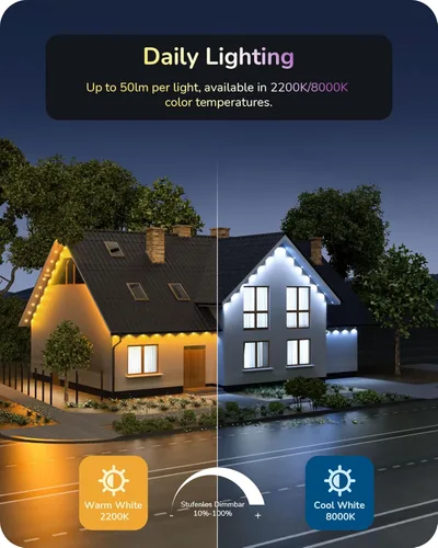Vista 7 de EDISHINE Luces permanentes para exteriores de 60 pies, 40 luces LED de alero con aplicación/control remoto, luz RGBW inteligente, 50 modos de escena