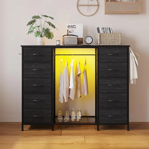 Vista 3 de LUMTOK Cómoda 2 en 1 de 55" de ancho con perchero colgante, cómoda de 10 cajones para dormitorio, cómodas con cajones de tela, luces LED, estación