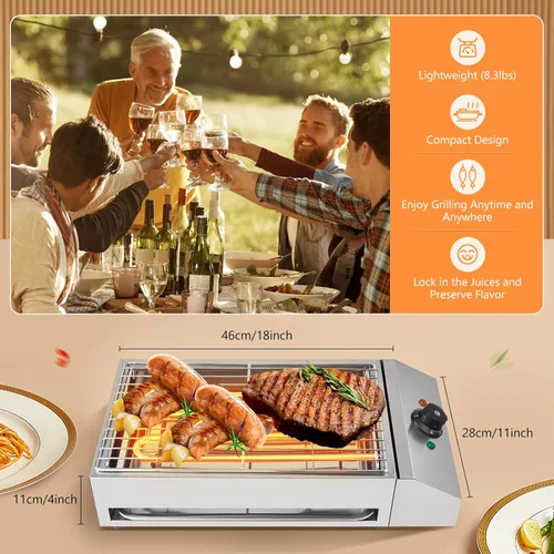 Vista 6 de Horno de barbacoa de parrilla sin humo eléctrico comercial de 1800 W, equipo de barbacoa de acero inoxidable con bandeja de goteo extragrande, 122