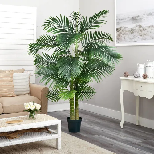 Vista 4 de Paquete de 2 plantas artificiales de palmera areca de 6 pies, palmera falsa para interiores y exteriores, decoración moderna, plantas de imitación